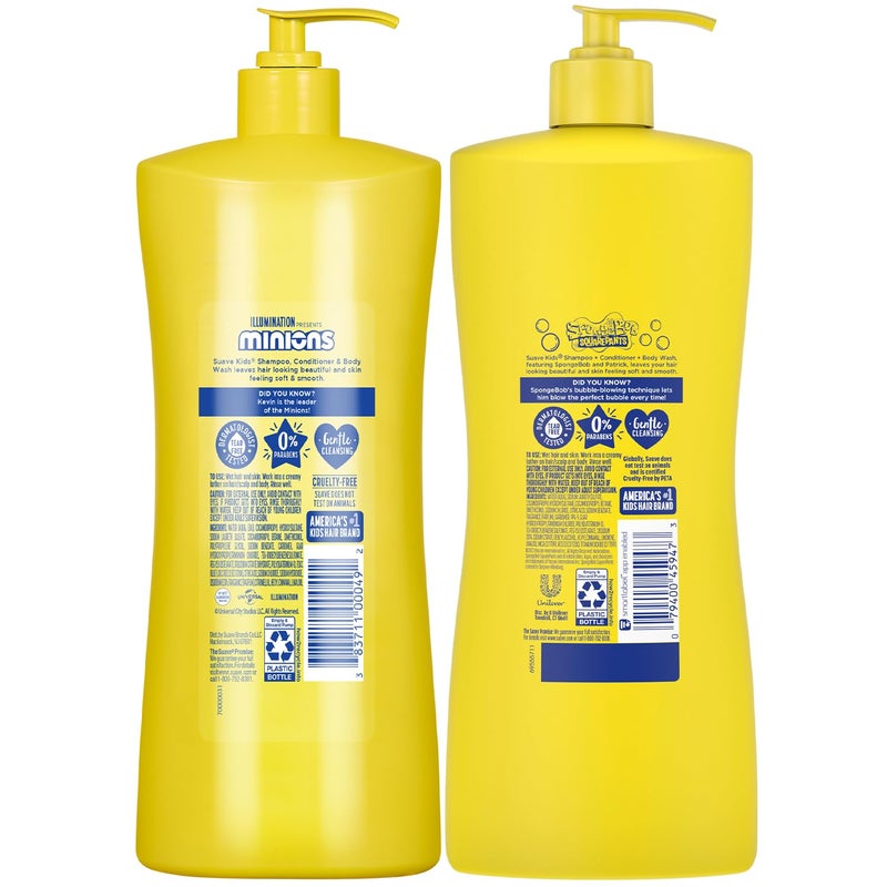 Suave Kids 3-in-1 Variety 2-Pack – Minions Fresh Fun + SpongeBob SquarePants JellyFish Splash Tear-Free Shampoo, Conditioner & Body Wash, 28 Oz Ea - Image 2
